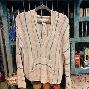 Billabong Cream V-Neck Hooded Stripe Sweater